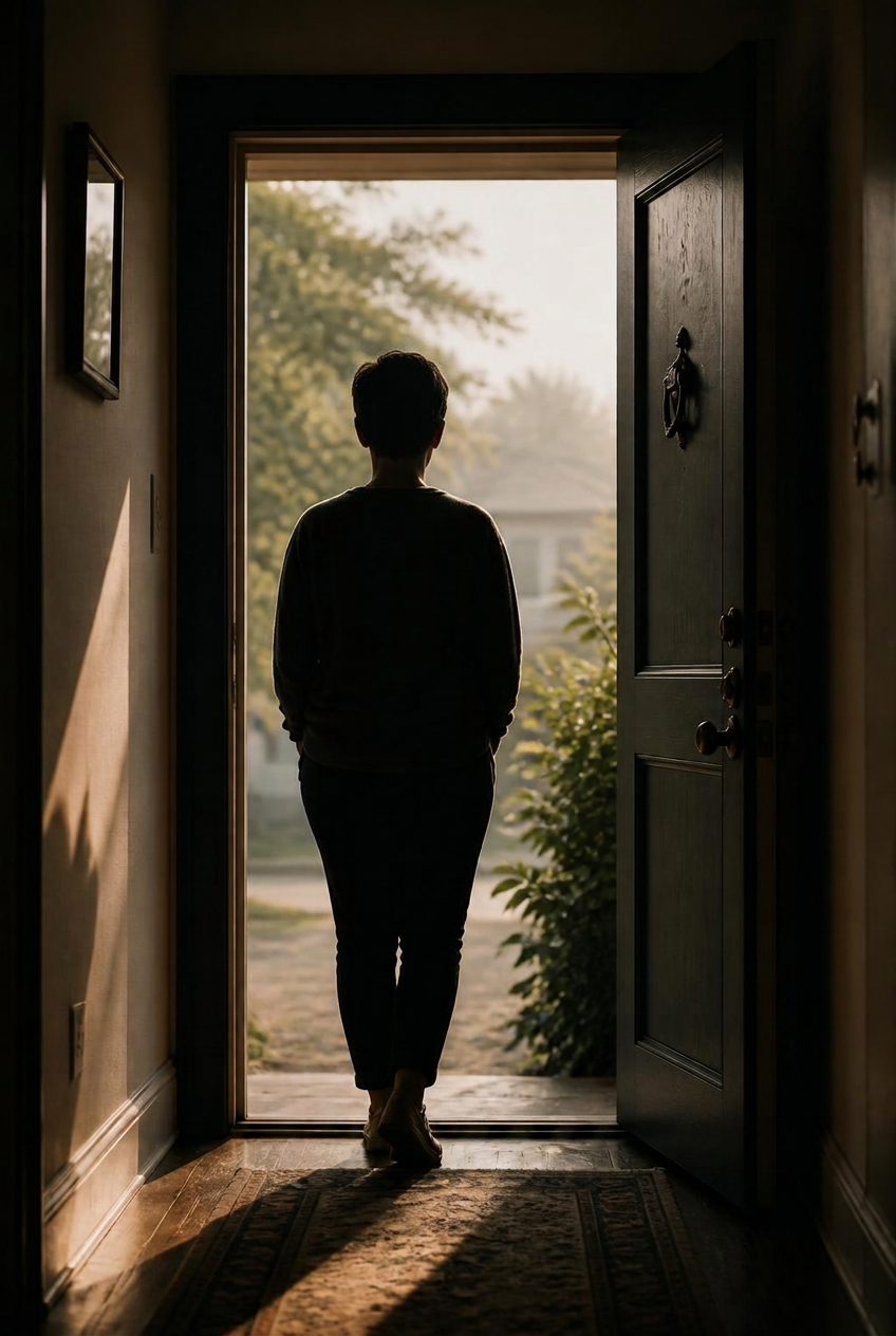 Silhouetted person standing in a doorway looking toward soft morning light